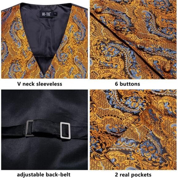 Men's Silk Vest Bowtie Set Formal Suit Vest Jacquard Tie Handkerchief - Picture 4 of 6